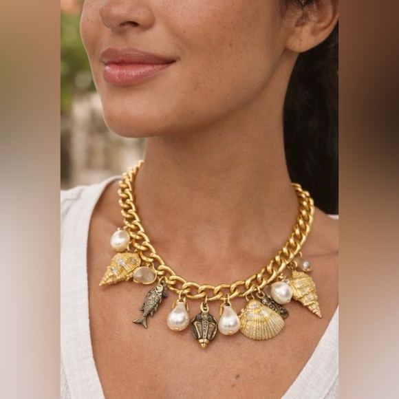 Kurt Geiger Gold Charm Necklace Shell Pearl Fish Statement Luxe Boho Y2K NEW - Picture 2 of 12
